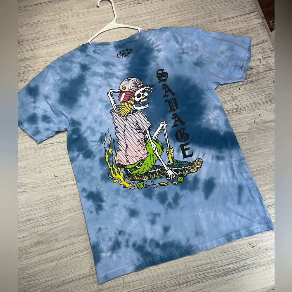 Call Your Mother Mens Blue Tie Dye Skeleton Skater Savage Tee